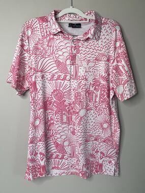 Yatta Golf Polo Shirt Men Medium Pink White Tropical Hawaiian Performance Golf P